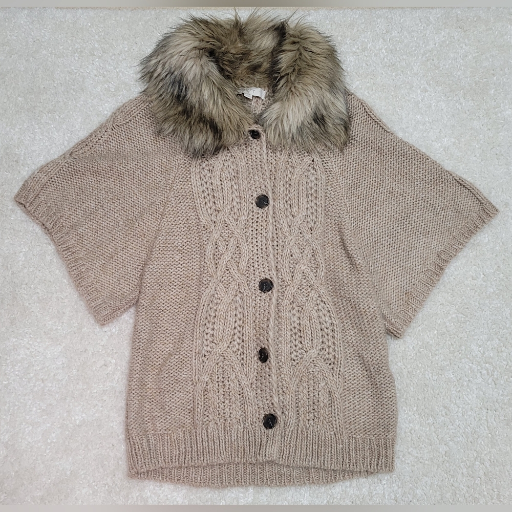 Ann Taylor LOFT wool blend button down sweater with faux fur collar, size small
